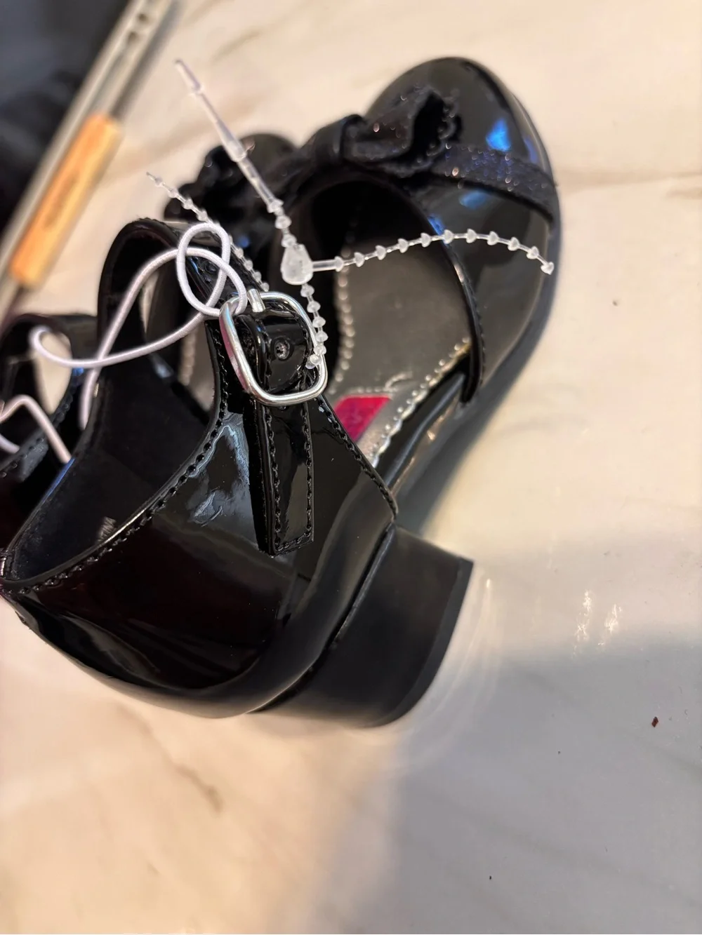 Rachel Shoes Girls Black Patent Glitter Bow Mary Jane Heels Size 8
